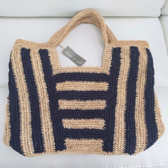 NWT Mar Y Sol Cabana Stripe Straw Hand Made Carry All Tote Bag - Picture 3 of 12